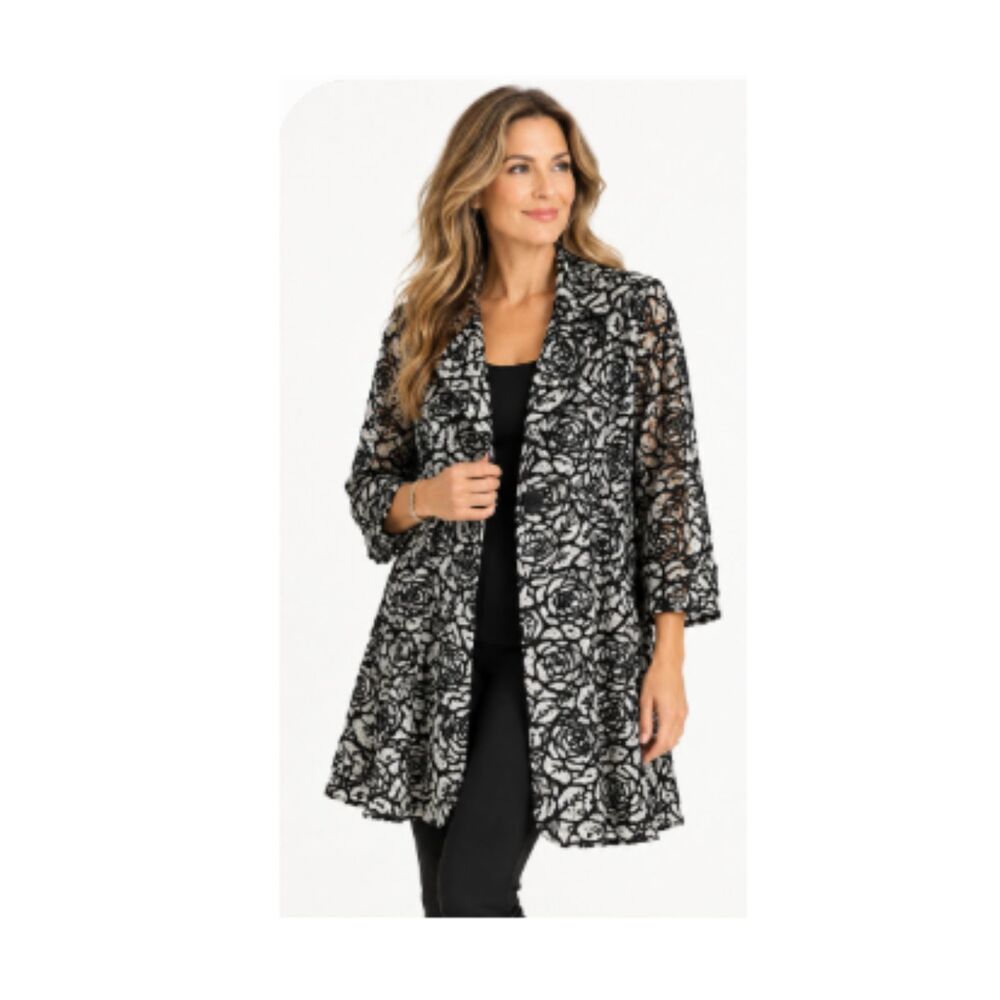 Damee Inc Black White Floral Lace Long Jacket Large Art to Wear